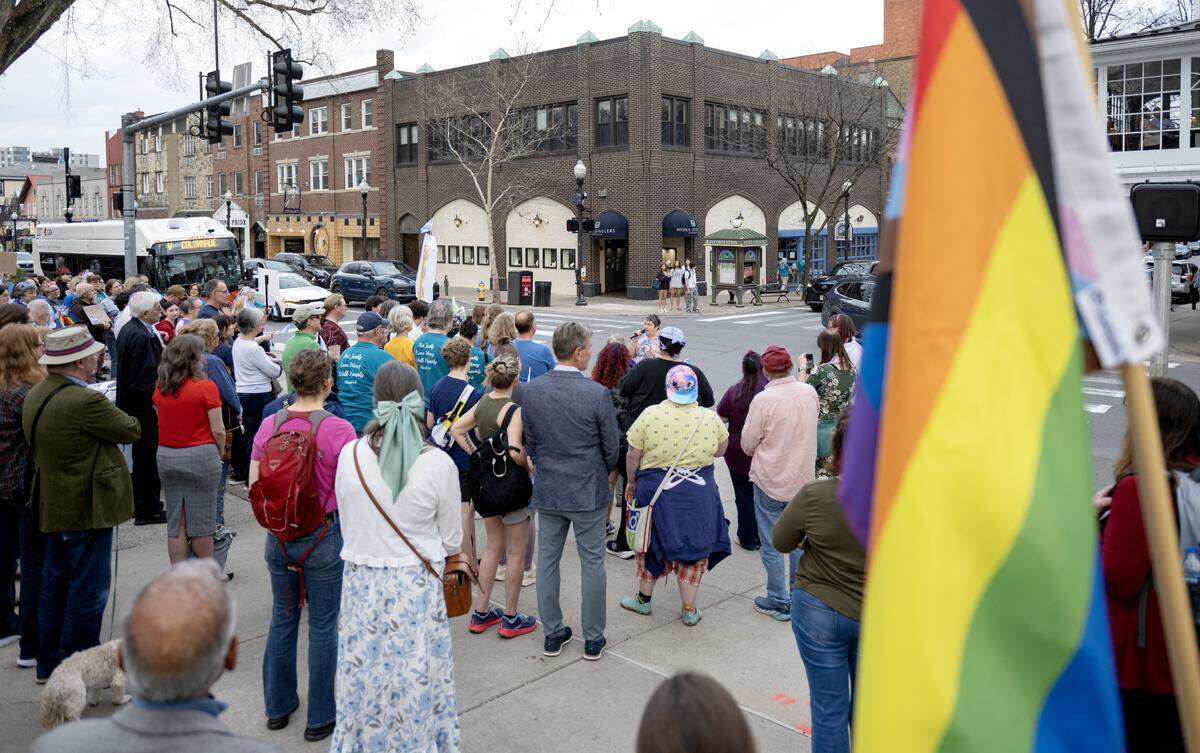 A crowd gathered at the Allen Street Gates for the Transgender Day of Visibility rally hosted by Centre LGBT+ on Tuesday, March 31, 2026.  