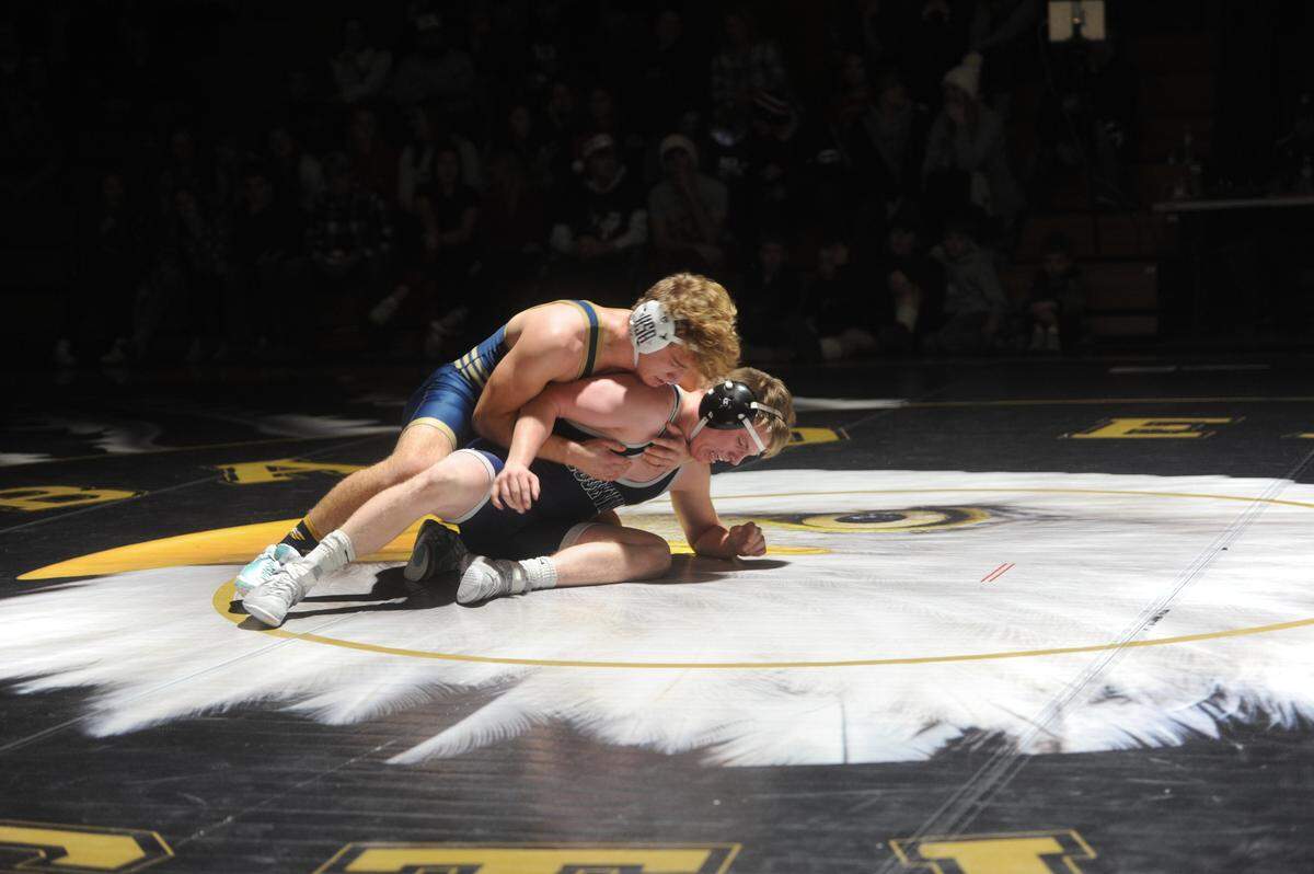 Bald Eagle Area’s Cameron Dubbs controls Brookville’s Carson Weaver during their 160-pound bout during the Eagles’ 45-23 win on Thursday. Dubbs edged Weaver 3-2.