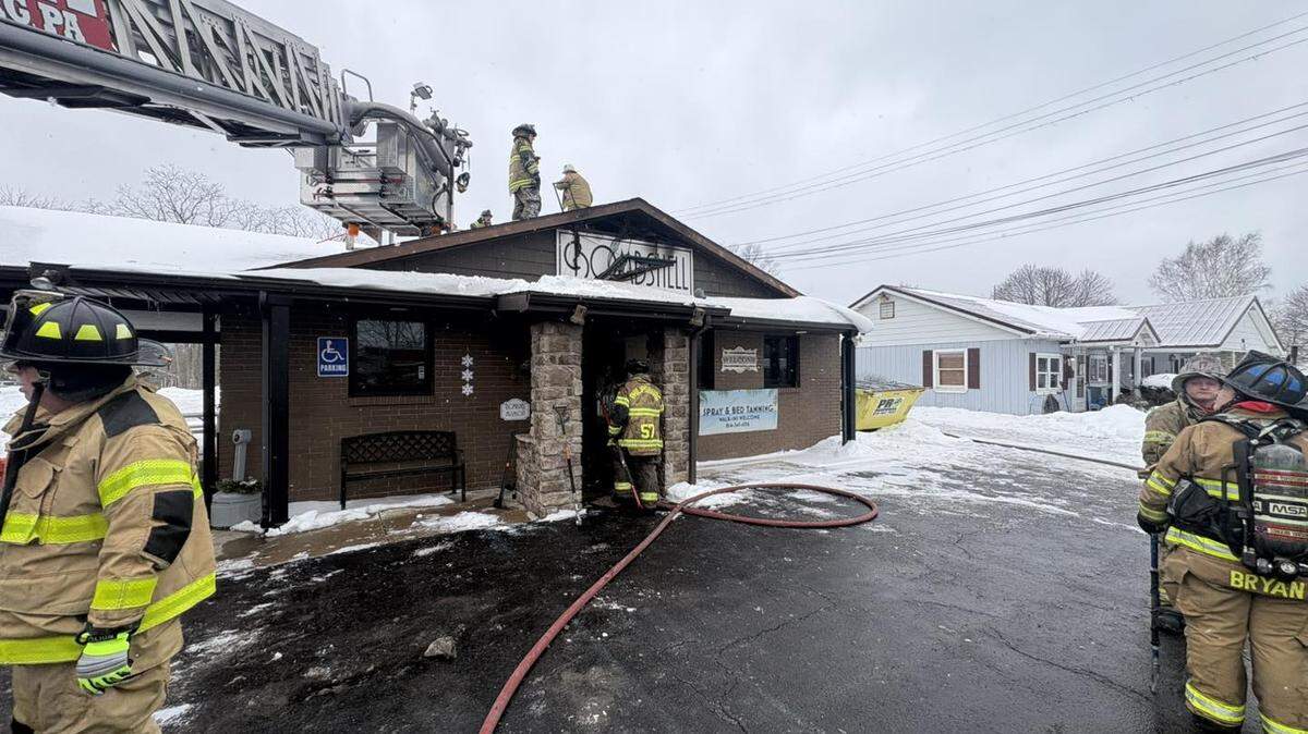 Crews respond to a fire at Bombshell Salon in Rush Township on Tuesday, Feb. 3, 2026.
