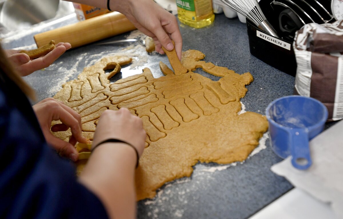 Aften Stimer and Jayden Bechdel work together to make dog biscuits on Oct. 3 in their veterinary science class at Bald Eagle Area High School.