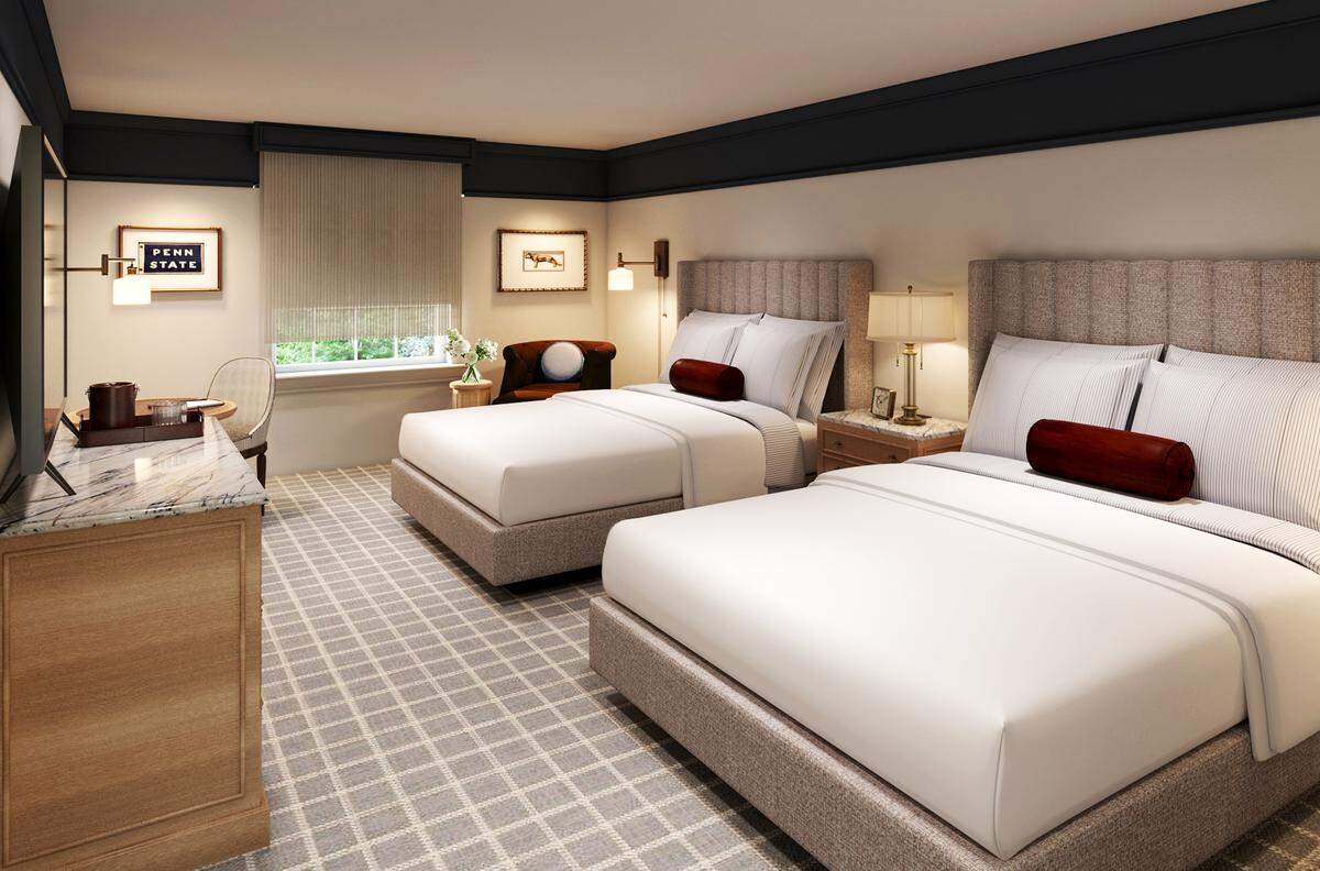 A rendering of a room with two double queen beds at the newly renovated Nittany Lion Inn. 