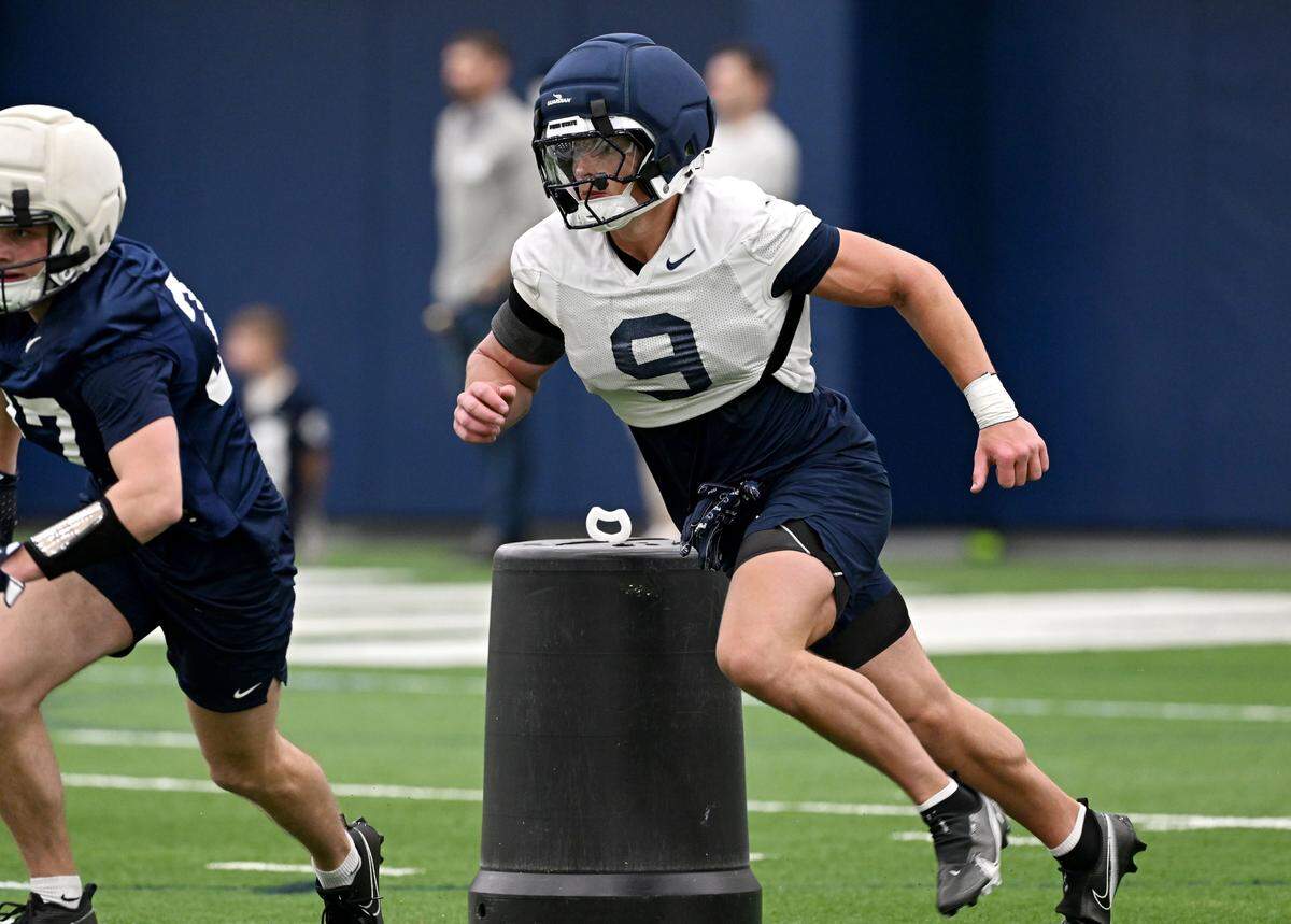 Penn State linebacker Cael Brezina runs a drill during spring practice on Thursday, March 26, 2026.  