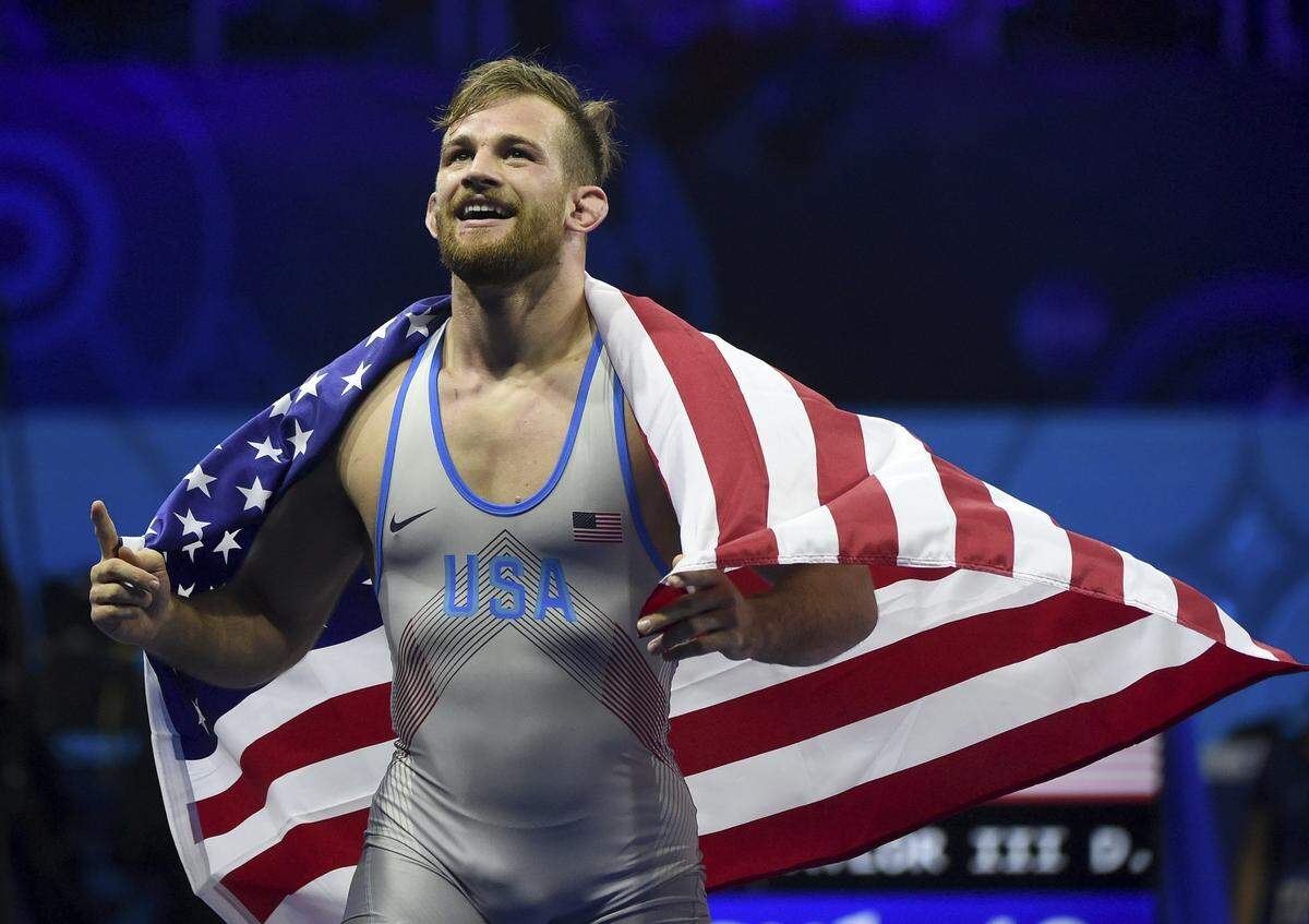 USA’s David Morris Taylor jubilates after winning against Fatih Erdin of Turkey in the final of men’s freestyle 86 kg category of Wrestling World Championships in Papp Laszlo Budapest Sports Arena in Budapest, Hungary, Sunday, Oct. 21, 2018. (Balazs Czagany/MTI via AP)