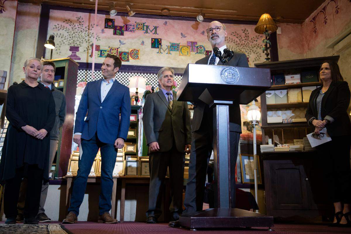 Governor Tom Wolf addresses a crowd during an event at the Nittany Quill on Wednesday, April 6, 2022 in State College, Pa. Governor Tom Wolf announced his plan to use American Rescue Plan funds to help local businesses.