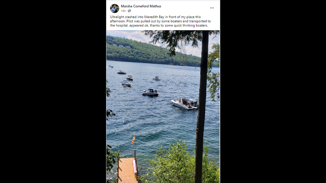 The ultralight plane crashed into Meredith Bay in front of the home of Marsha Comeford Mathus, she said in a Facebook post.