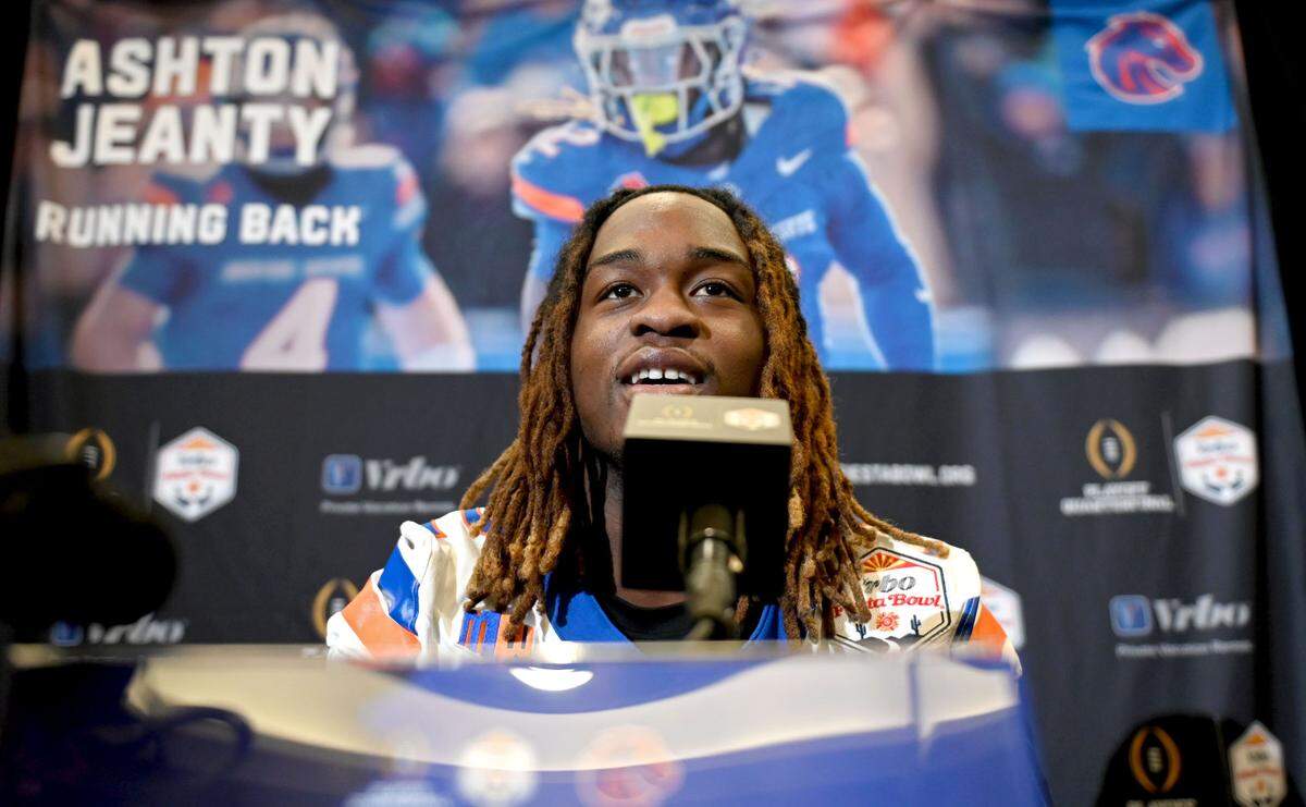 Boise State running back Ashton Jeanty answers questions during media day for the Fiesta Bowl on Sunday, Dec. 29, 2024 at the Camelback Inn.