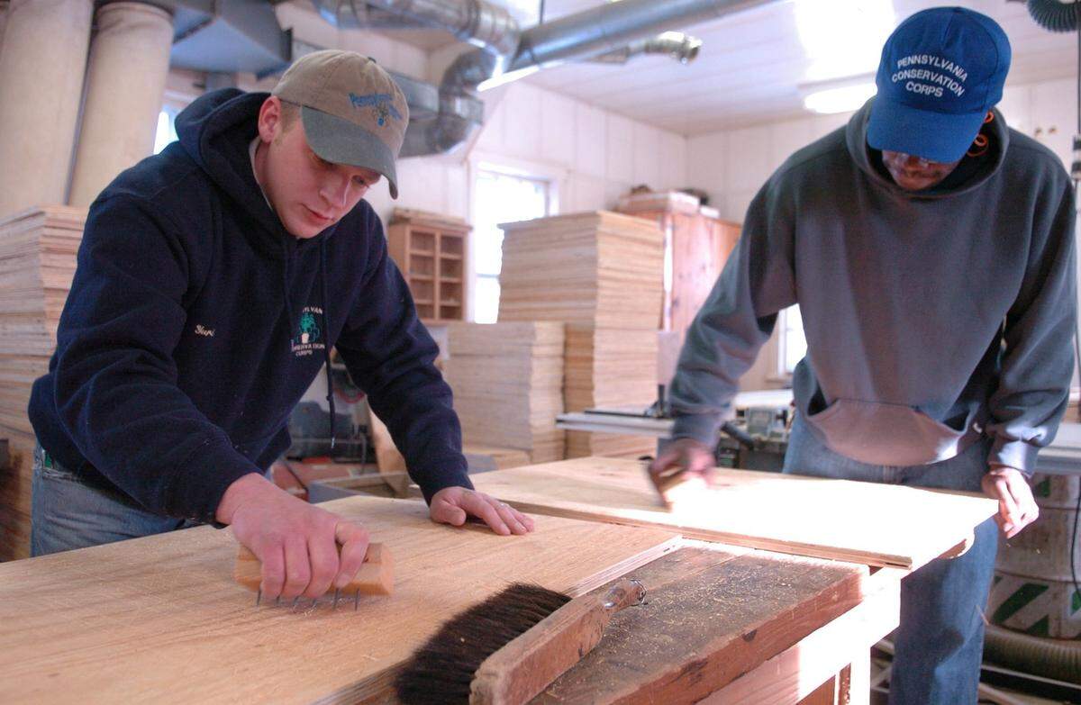 PA Conservation Corps workers (left to right) Yuri Rosypal of Beech Creek and Hapma Williams of Bellfonte scratch wood panels for bat boxes at the PA Game Commission’s Howard Nursery grounds on February 7, 2007.