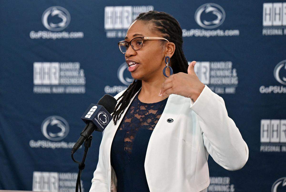 New Penn State Lady Lions coach Tanisha Wright answers questions during her introductory press conference on Monday, March 23, 2026.  