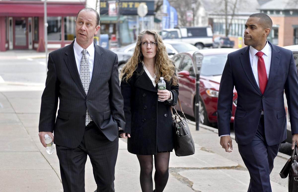 Jim and Evelyn Piazza enter the Centre County Courthouse Annex for four Beta Theta Pi brothers to be sentenced on Tuesday, April 2, 2019.
