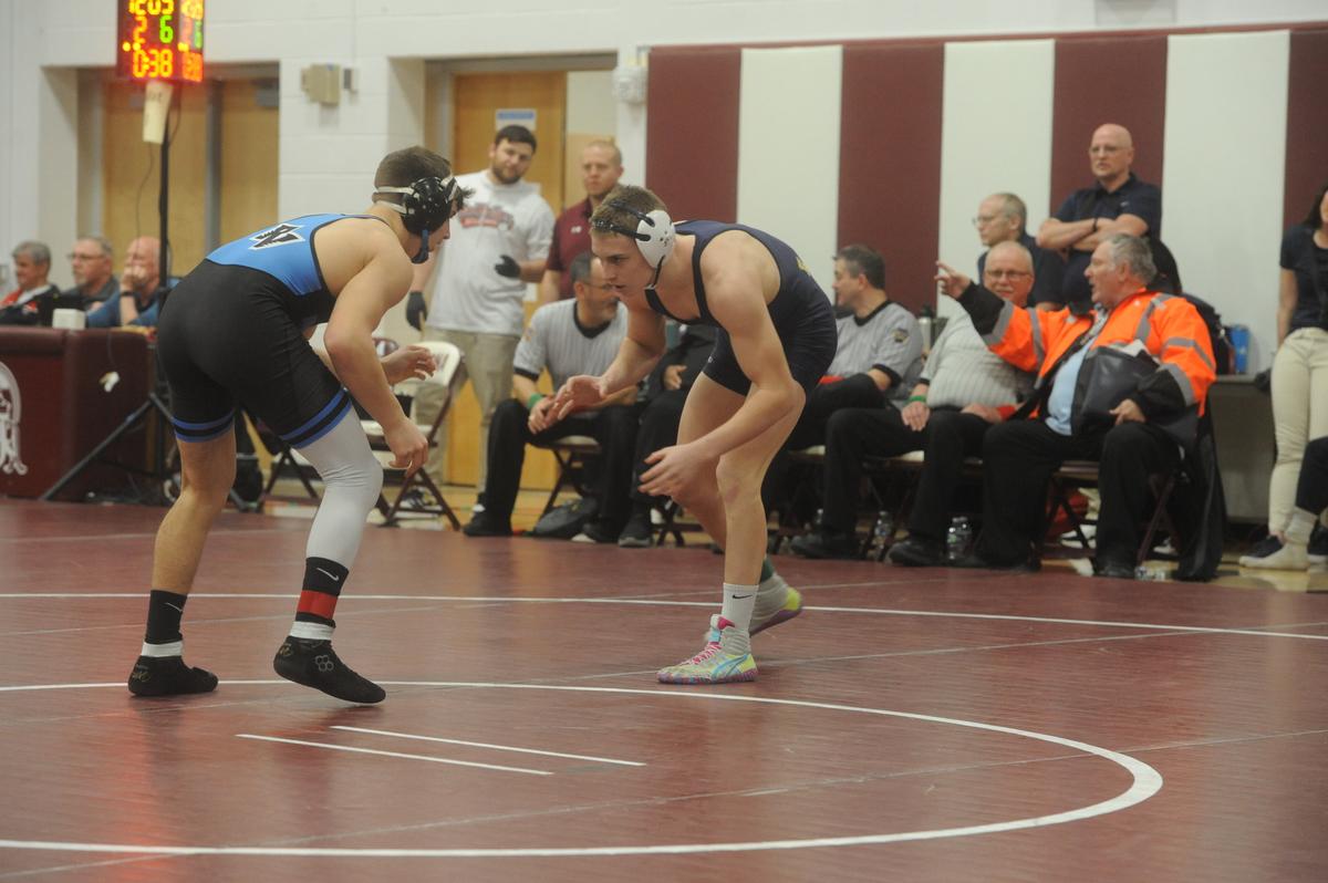 Bald Eagle Area’s Jeffre Pifer looks for an opening on River Valley’s Kaden Barnhart in their 152-pound quarterfinals bout of the District 6 Class 2A Championships on Friday, Feb. 17, 2023 in Altoona. Pifer shut out Barnhart, 5-0.