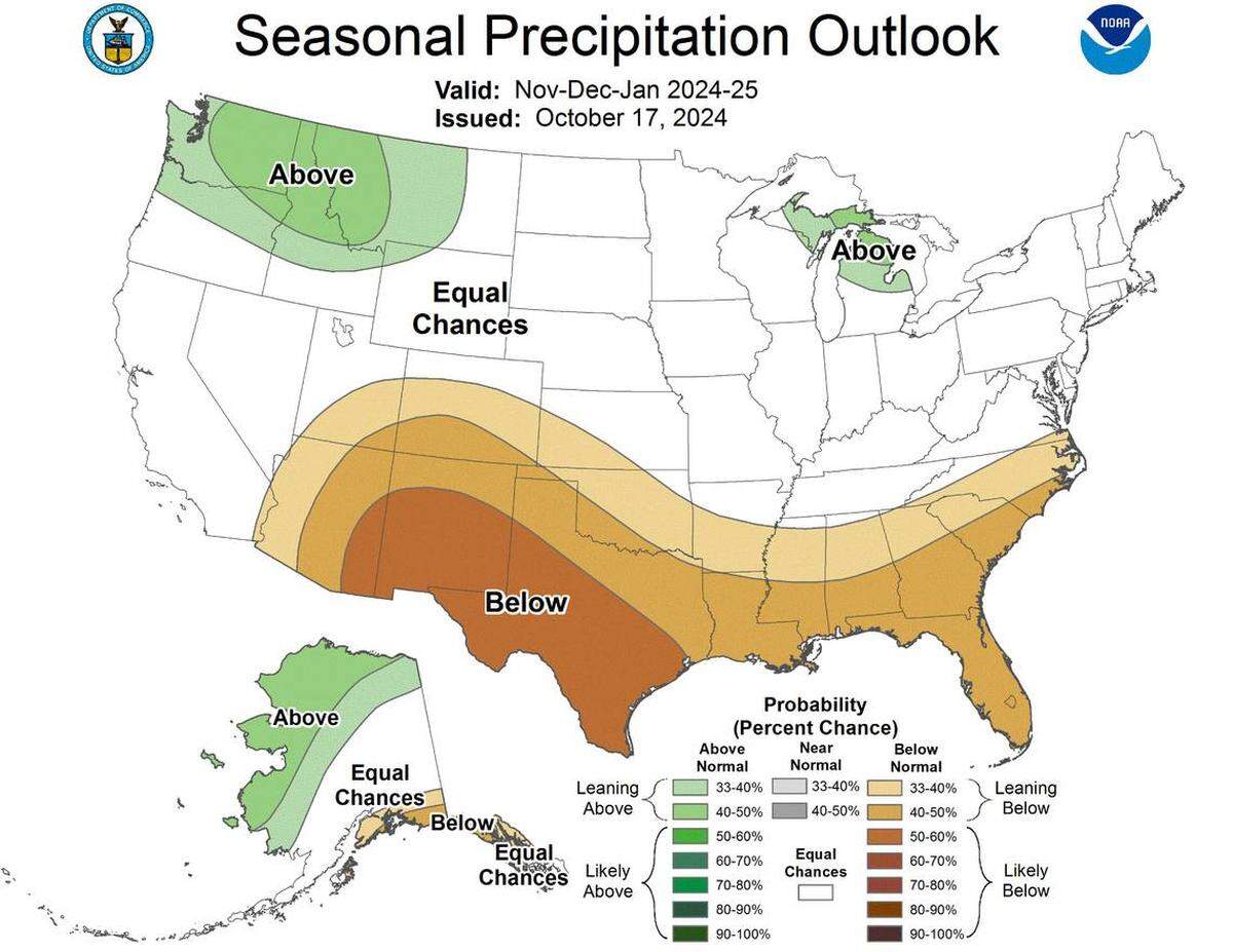 Pennsylvania has equal chances of observing above or below-normal precipitation early this winter, the Climate Prediction Center reports.