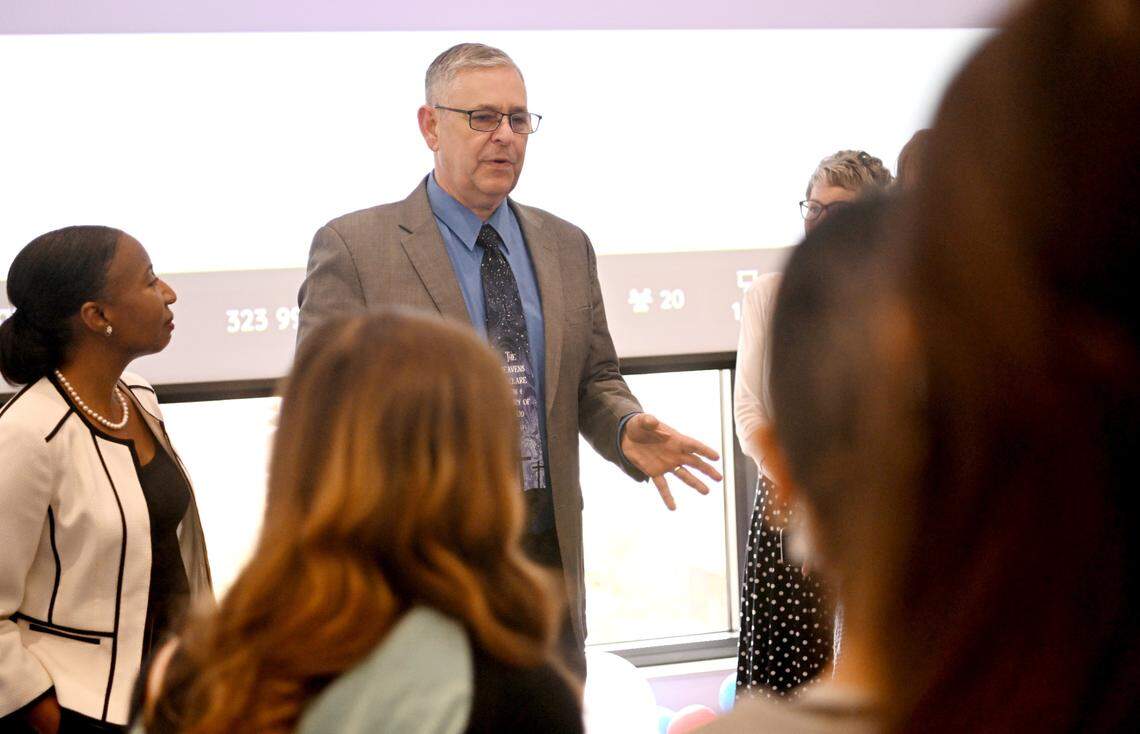 Sen. Cris Dush talks to the middle school students who competed in the Centre County’s 2023 National Civics Bee on Monday, April 17, 2023 at the Eric J. Barron Innovation Hub. Dush was a judge for the event.