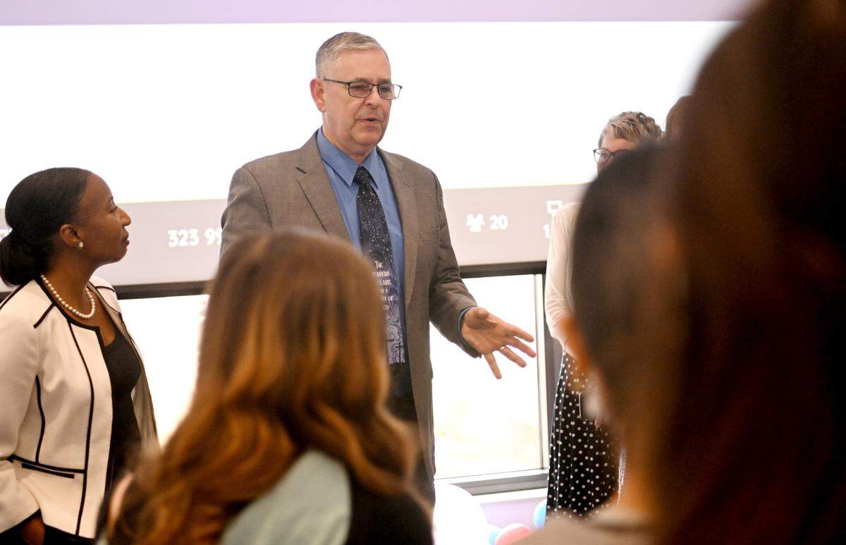 Sen. Cris Dush talks to the middle school students who competed in the Centre County’s 2023 National Civics Bee on Monday, April 17, 2023 at the Eric J. Barron Innovation Hub. Dush was a judge for the event.