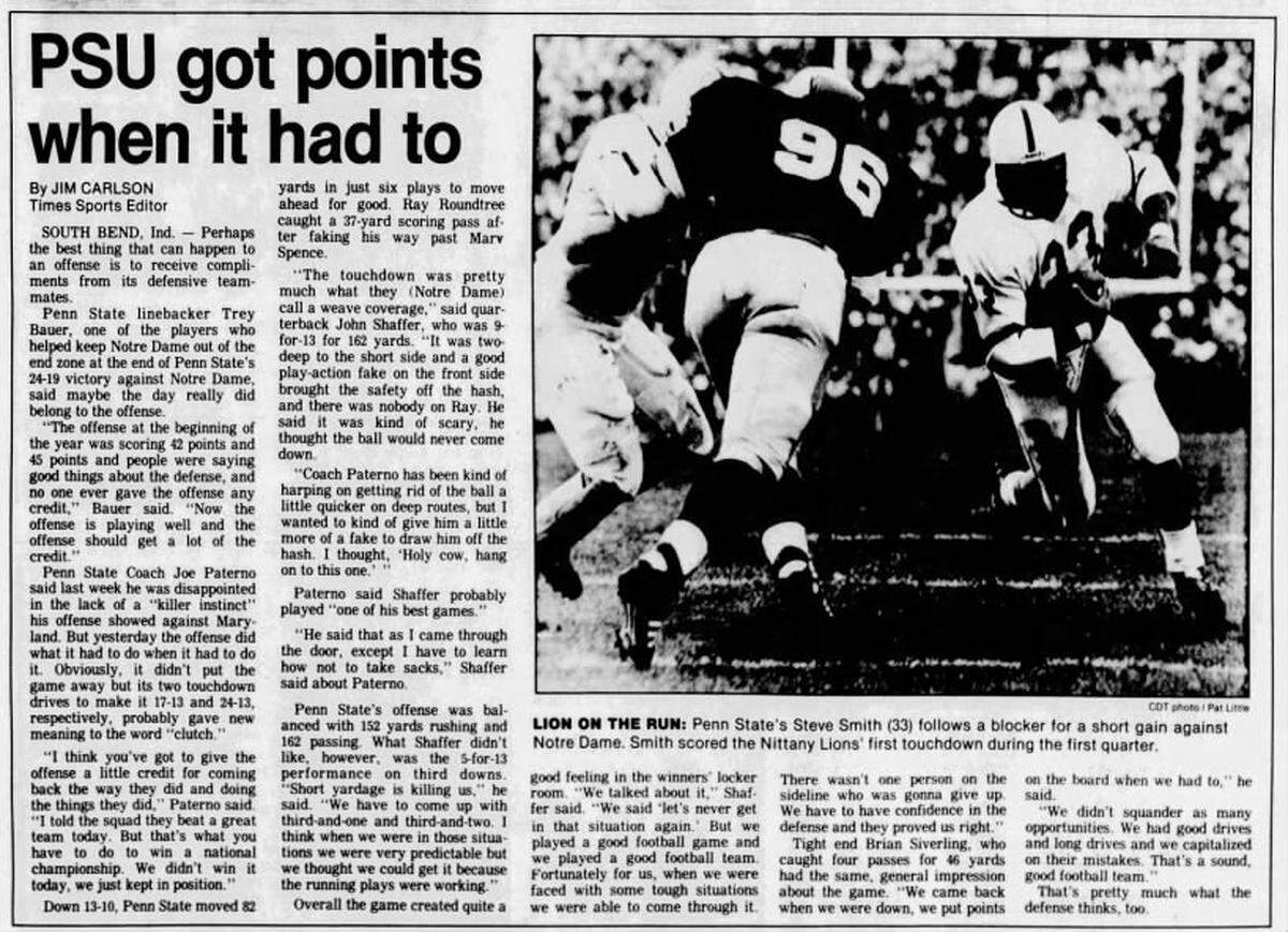 A news story from the Nov. 16, 1968 edition of the Centre Daily Times recapping Penn State’s win over Notre Dame.