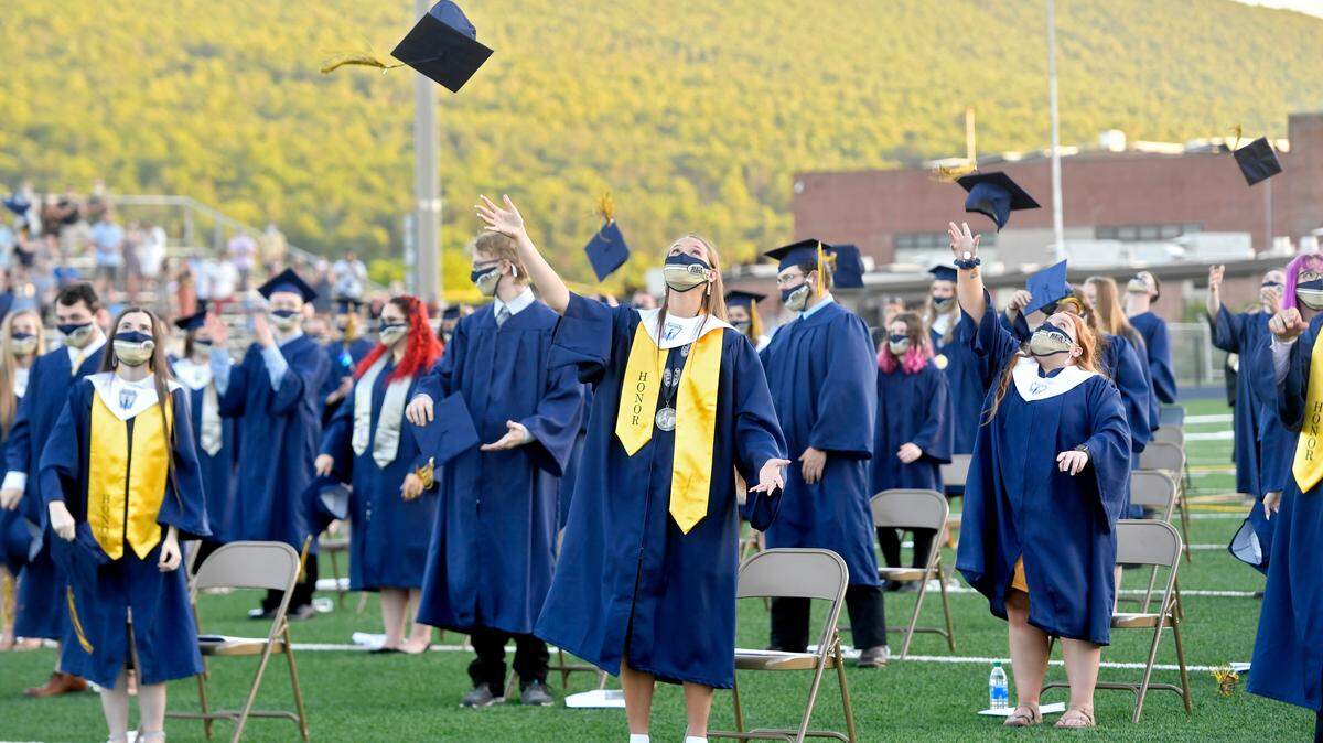 The Bald Eagle Area class of 2020 toss their caps after being declared graduates at the commencement ceremony on Saturday, June 6, 2020.