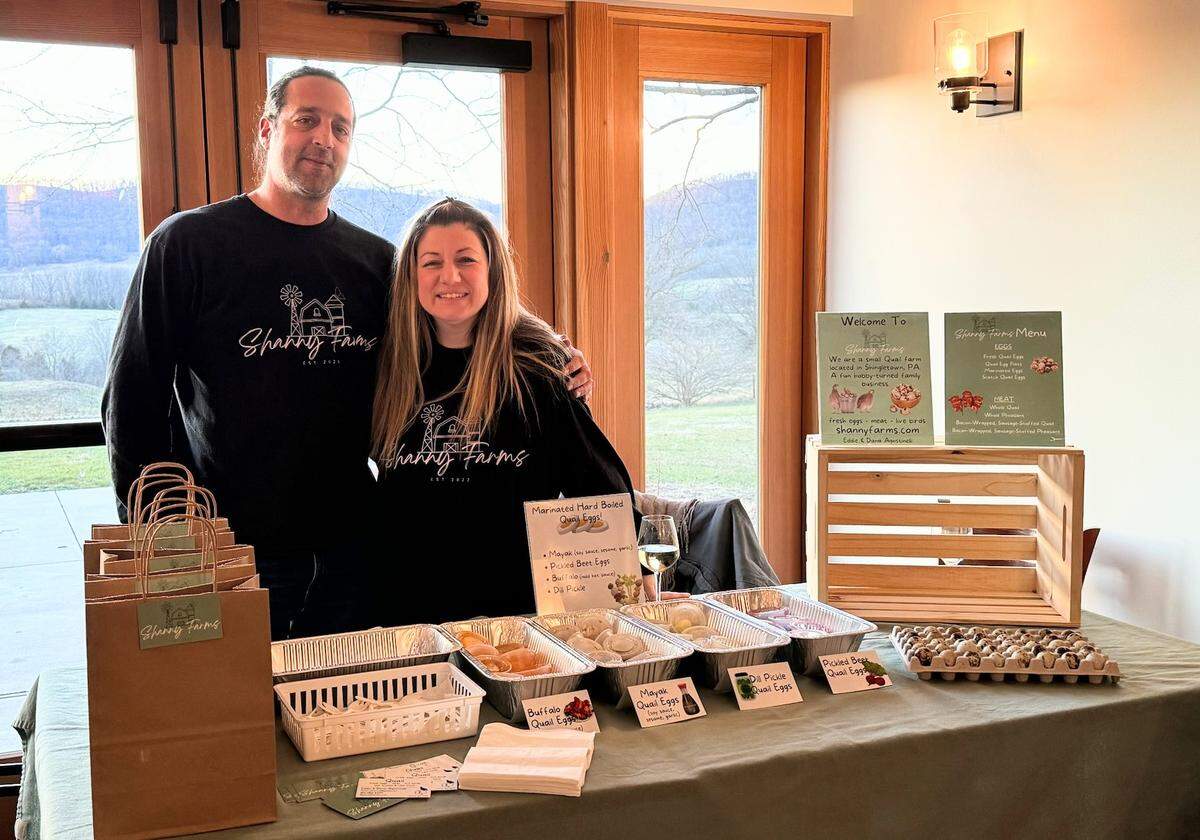 Eddie and Dana  Agostinelli of Shanny Farms with a variety of hard boiled quail eggs.  