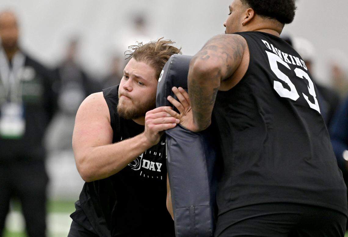 Nolan Rucci runs an offensive line drill during Penn State Pro Day on Wednesday, March 18, 2026.