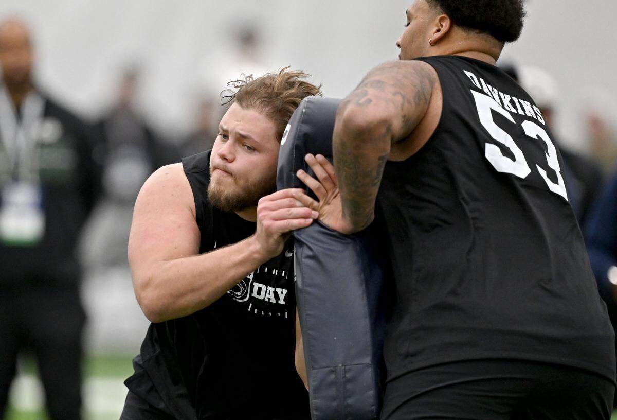 OL Nolan Rucci runs an offensive line drill during Penn State Pro Day on Wednesday, March 18, 2026.  