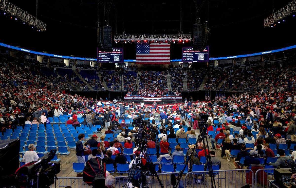 Supporters fill into the Bryce Jordan Center three hours before presidential candidate Donald Trump is schedule to appear for a rally on Saturday, Oct. 26, 2024.