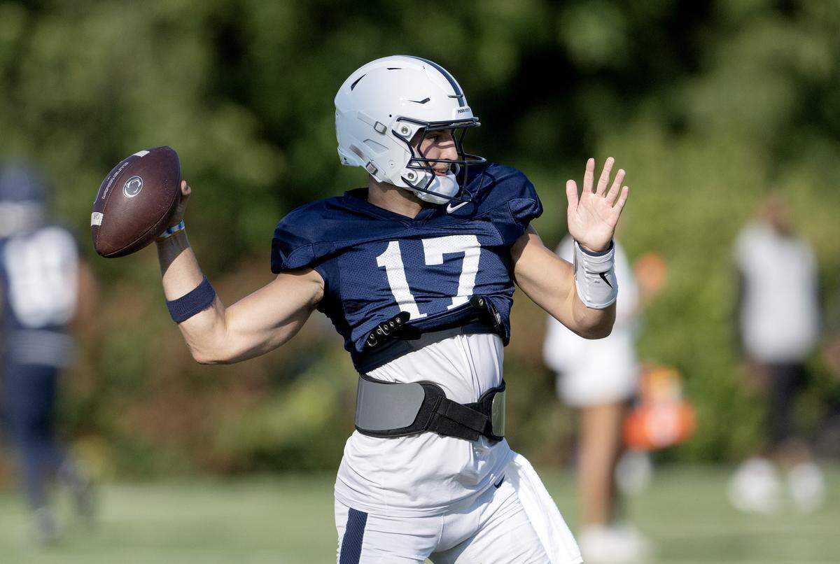 Penn State quarterback Ethan Grunkemeyer makes a pass during practice on Wednesday, Sept. 3, 2025.  