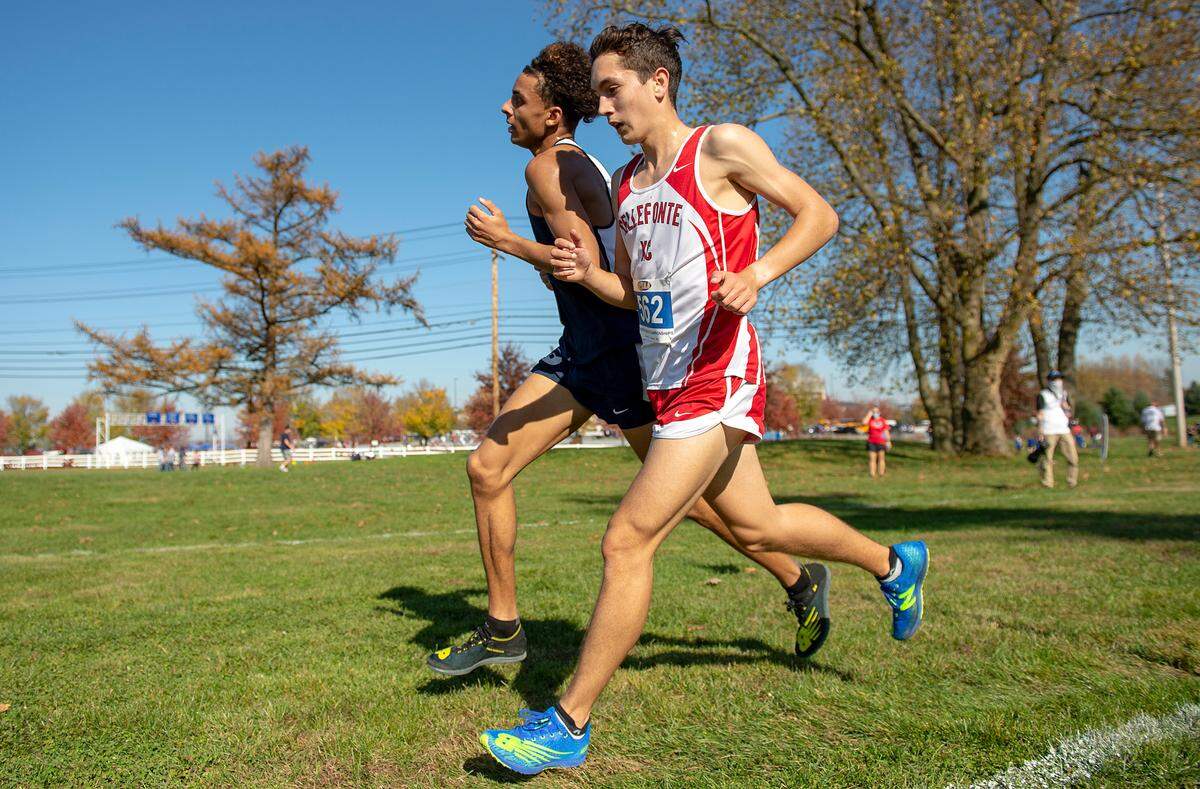 Bellefonte’s Austin Melius competes in the boys Class AA race at the PIAA Cross Country Championships on Saturday, November 7, 2020 in Hershey. (Jeremy Drey — For the Centre Daily Times)