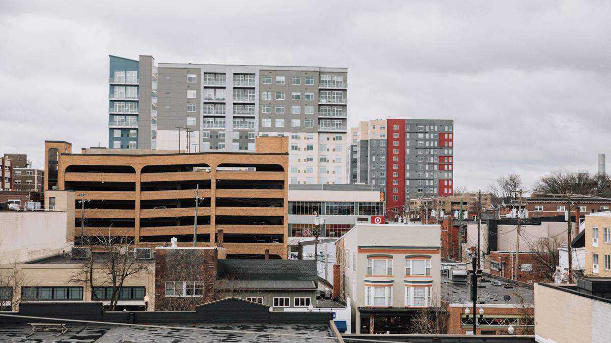 A view of buildings in downtown State College, Pennsylvania.