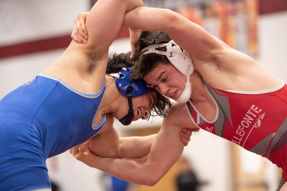 Bellefonte’s Jude Swisher wrestles Central Mountain’s Griffin Walizer during the PIAA District 6 AAA Championships at Altoona Area High School on Saturday, Feb. 26, 2022 in Altoona, Pa.