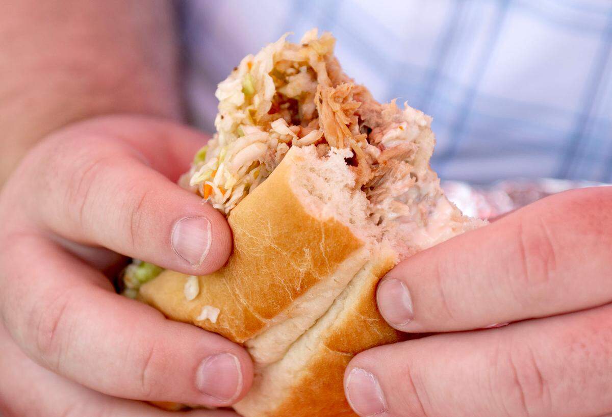 A pulled pork sandwich from Scott’s Roasting at the Centre County Grange Fair on Friday, Aug. 16, 2024.