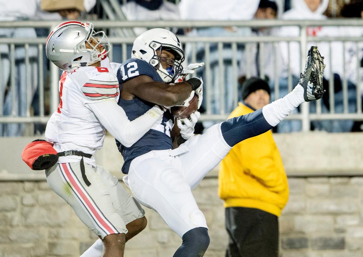 Penn State wide receiver Chris Godwin makes a catch for a touchdown around Ohio State cornerback Gareon Conley during the Saturday, October 22, 2016 game at Beaver Stadium.