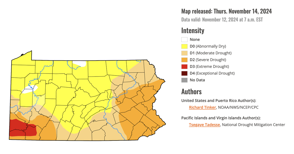 The U.S. Drought Monitor reports nearly all of Pennsylvania is experiencing at least abnormally dry conditions through Nov. 12.