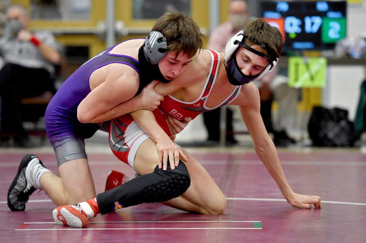 Mifflin County’s Nic Allison controls Bellefonte’s Aidan O’Shea in the 113 lb championship bout at the District 6 3A tournament on Friday, Feb. 19, 2021 at Altoona High School.