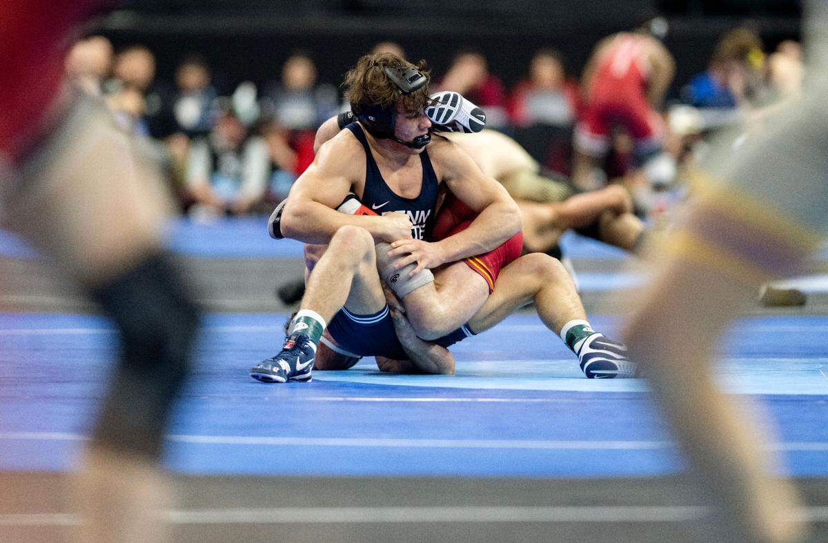 Penn State’s Tyler Kasak wrestles Iowa State’s Cody Chittum in the 157-pound bout during the 2025 NCAA Wrestling Championships in Philadelphia on Thursday, March 20, 2025.