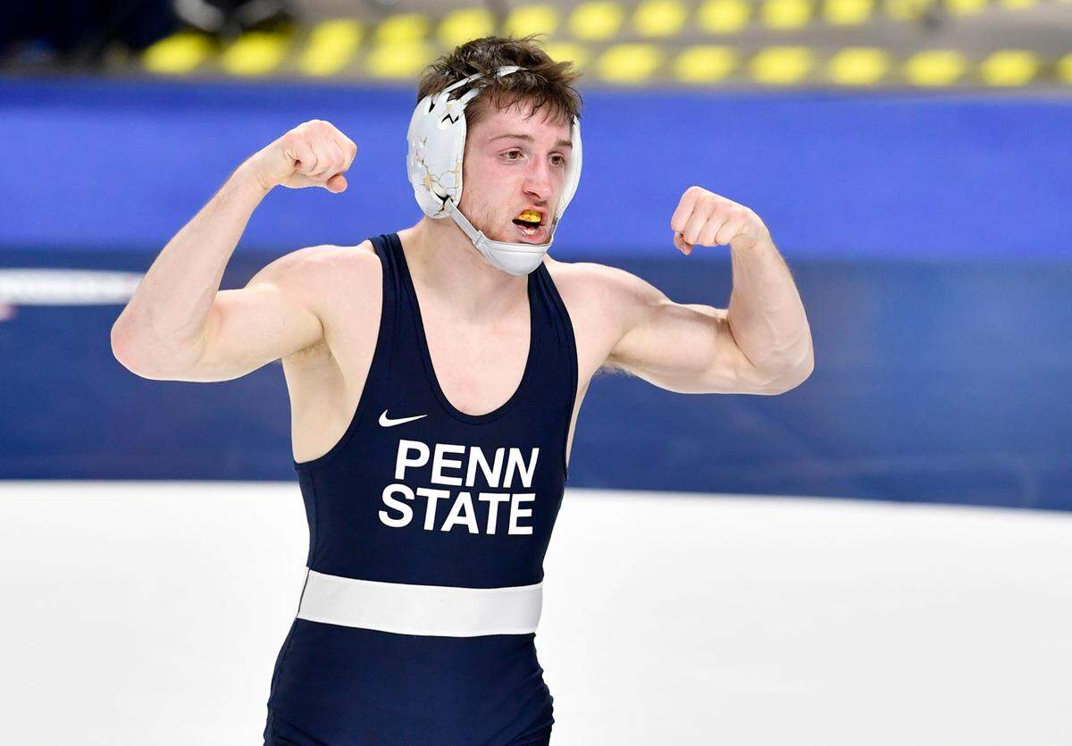 Penn State’s Nick Lee celebrates his sudden victory win over Rutgers’ Sebastian Rivera in a 141 lb semi-final bout of the 2021 Big Ten Wrestling Tournament at the Bryce Jordan Center on March 6, 2021.