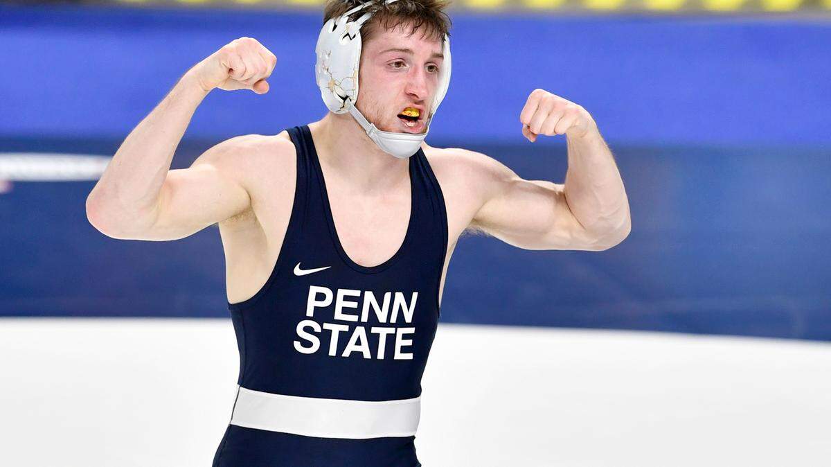 Penn State’s Nick Lee celebrates his sudden victory win over Rutgers’ Sebastian Rivera in a 141 lb semi-final bout of the 2021 Big Ten Wrestling Tournament at the Bryce Jordan Center in State College, Pa, on Saturday, March 6, 2021.