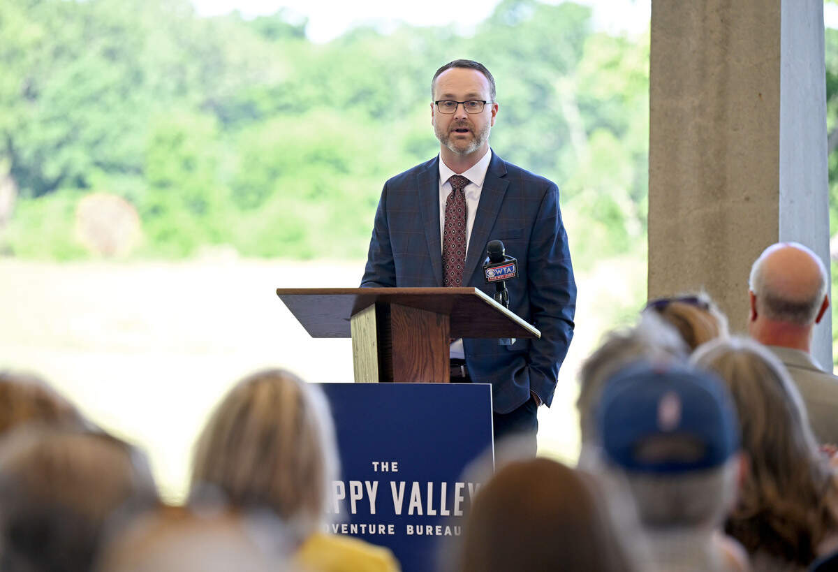 Happy Valley Adventure Bureau president and CEO Eric Engelbarts talks about the 2026-2027 tourism grant recipients during a celebration on Wednesday, June 24, 2026 at The Arboretum at Penn State.