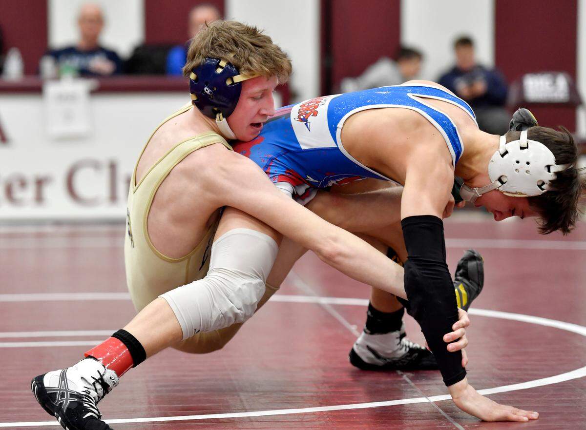 Bald Eagle Area’s Lucas Fye wrestles West Branch’s Landon Bainey in the 113 lb championship bout of the District 6 2A tournament on Saturday, Feb. 19, 2022. Bainey won by decision 7-5.