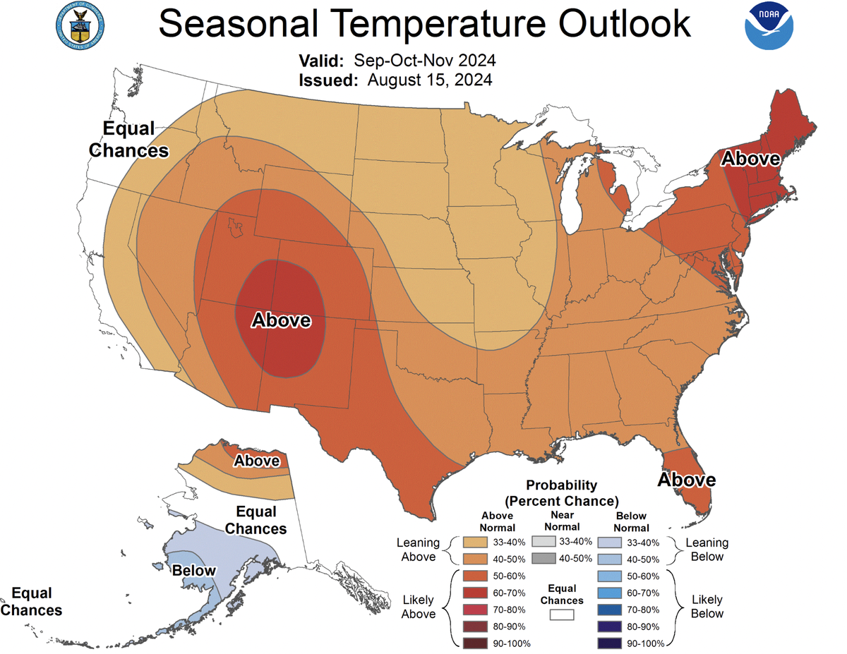 This seasonal temperature outlook, issued Aug. 15, offers a glimpse at the probability of observing above-normal temperatures across the country between September and November.