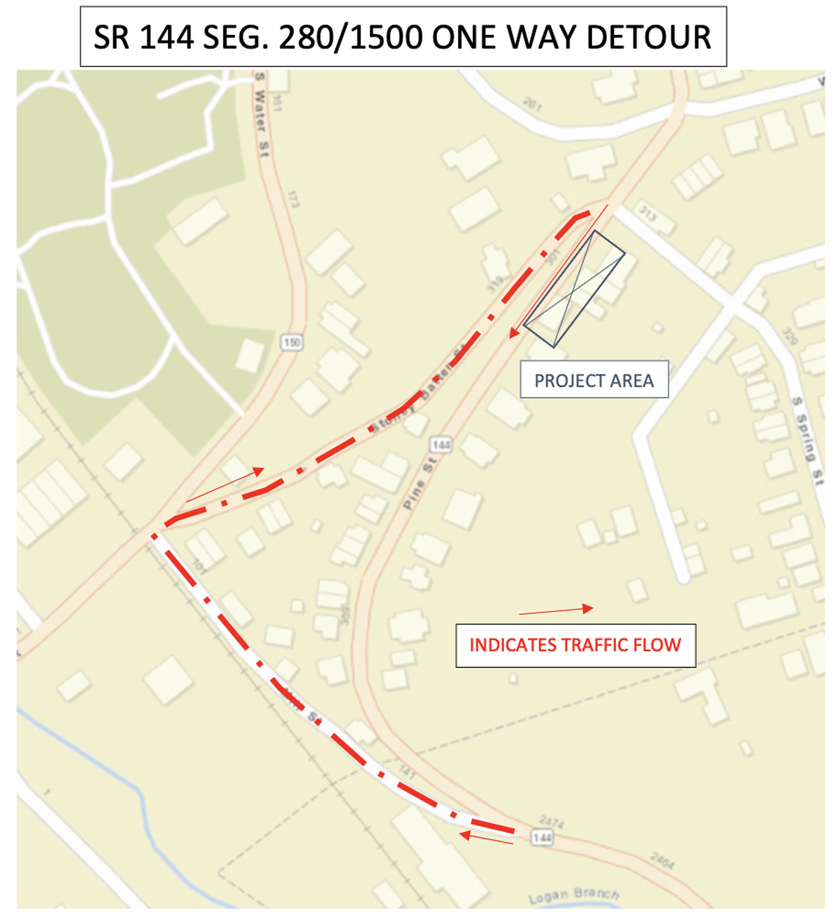 A one-way detour will be for northbound traffic along Route 144 beginning Monday. Drivers will use Route 144 (Pine Street/Mill Street) and Stoney Batter Road.