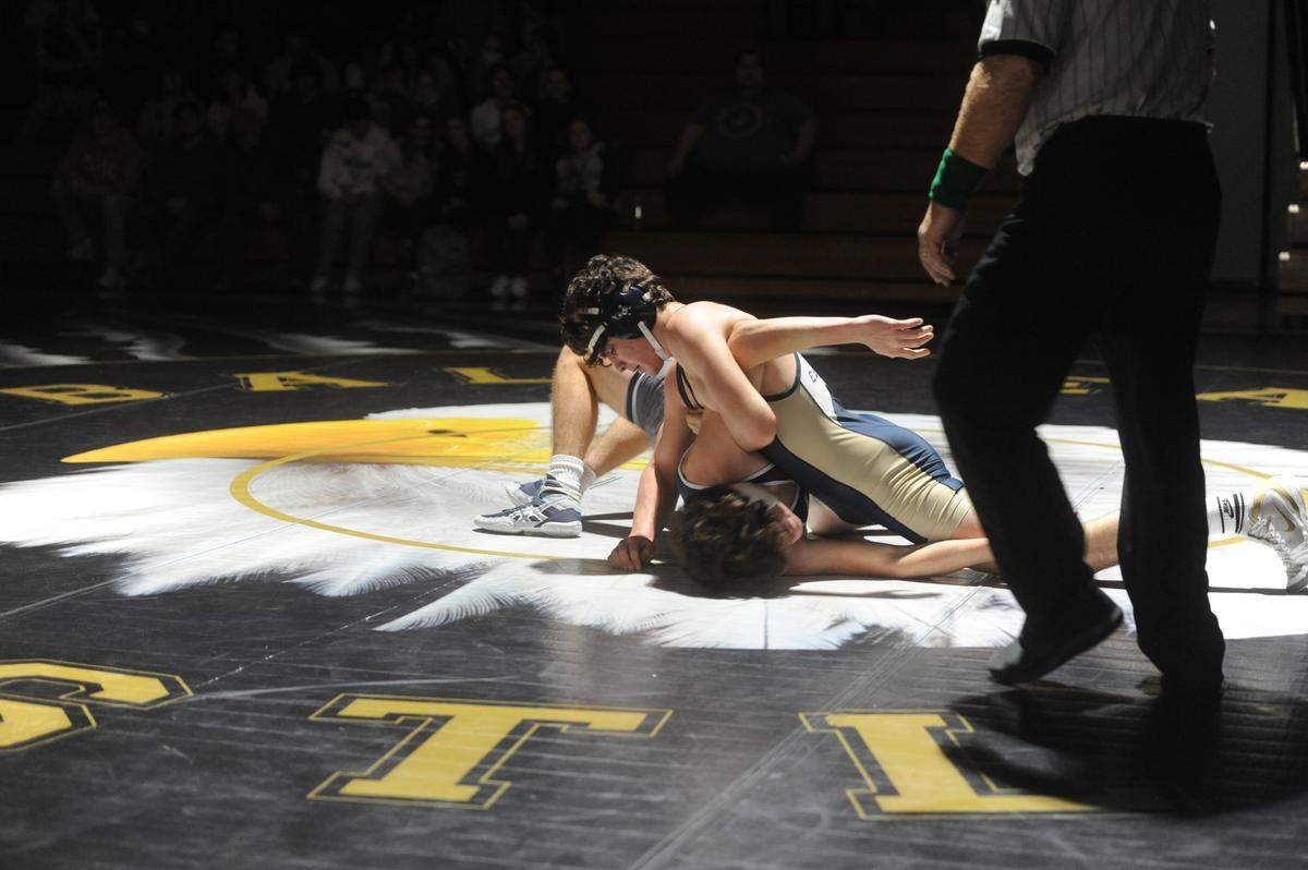 Bald Eagle Area’s Caleb Close looks to pin Philipsburg-Osecola’s Jimmy Richtscheit during their 172-pound bout during the Eagles’ 47-15 win on Thursday, Jan. 6, 2022. Close did pin Richtscheit in 3:03 to close out the dual.