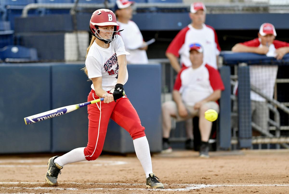Bellefonte’s Emily Pugh hits a single during the PSBCA All-Star game on Wednesday, June 26, 2019 at Beard Field.