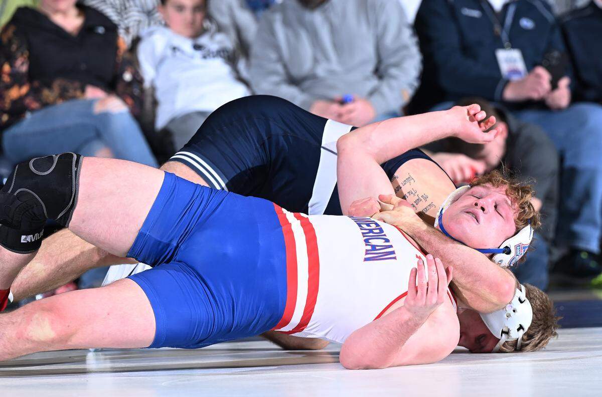 Penn State’s Josh Barr scores near-fall points against American’s Liam Volk-Klos at 197 lbs during the Friday, Feb. 21 match at Rec. Hall in State College. Barr defeated Volk-Klos by a pin-fall. Penn State defeated American University, 50-3.