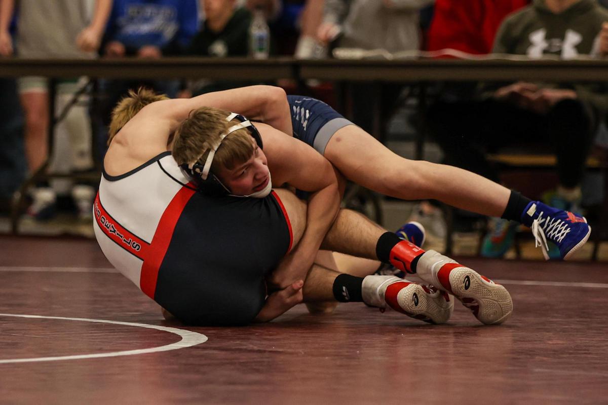 Penns Valley’s Erik Carlile controls Central Cambria’s Burke Niebauer in their 127-pound quarterfinals match of the PIAA Class 2A Southwest Regional on Friday in Altoona. Carlile topped Niebauer, 17-11.