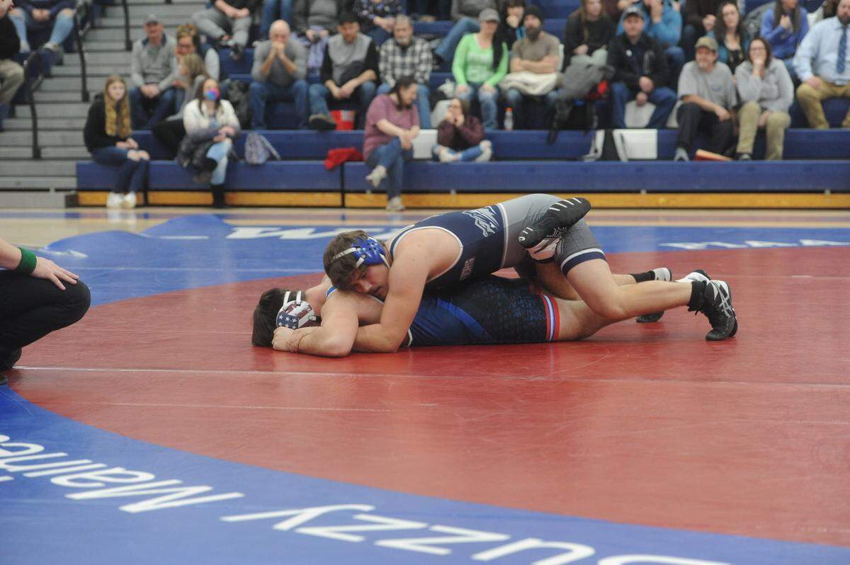 Philipsburg-Osceola’s Dom Shaw controls West Branch’s Austin Keirn during their 189-pound bout during the Mounties’ 54-18 win on Feb. 8, 2022. Shaw pinned Keirn in 4:29.