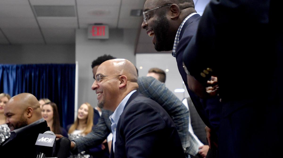 Penn State defensive line coach Sean Spencer jokes with Marquis Wilson over video conference during the signing day event on Wednesday, Dec. 19, 2018.