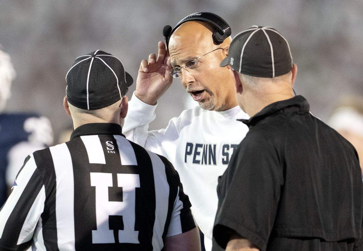 Penn State football coach James Franklin talks to the referees during the game against Oregon on Saturday, Sept. 27, 2025.