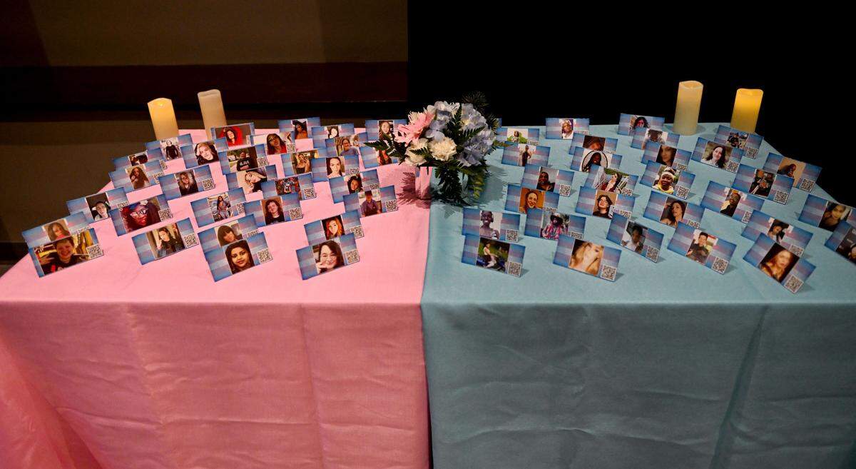 Photos of those from the transgender community who lost their lives this year are displayed during the Transgender Day of Remembrance Vigil in the HUB on Tuesday, Nov. 14, 2023.