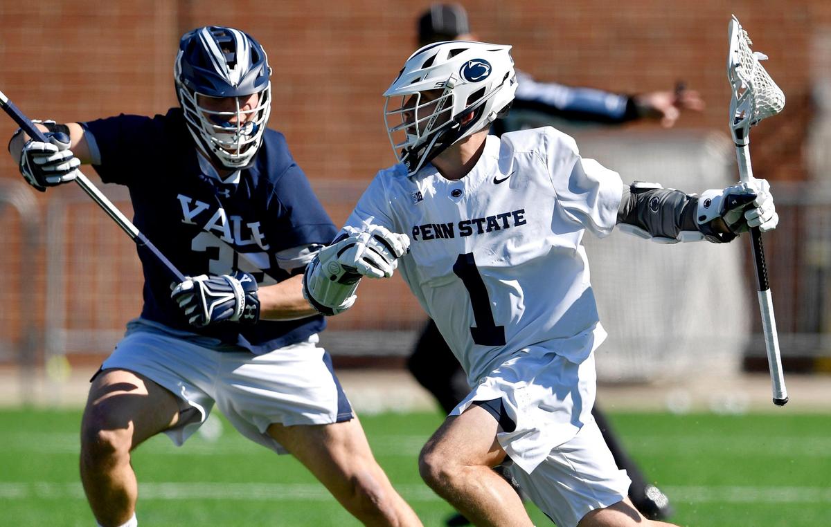 Penn State’s Grant Ament cuts around a Yale defender during the game on Saturday, Feb. 22, 2020 at Panzer Stadium.