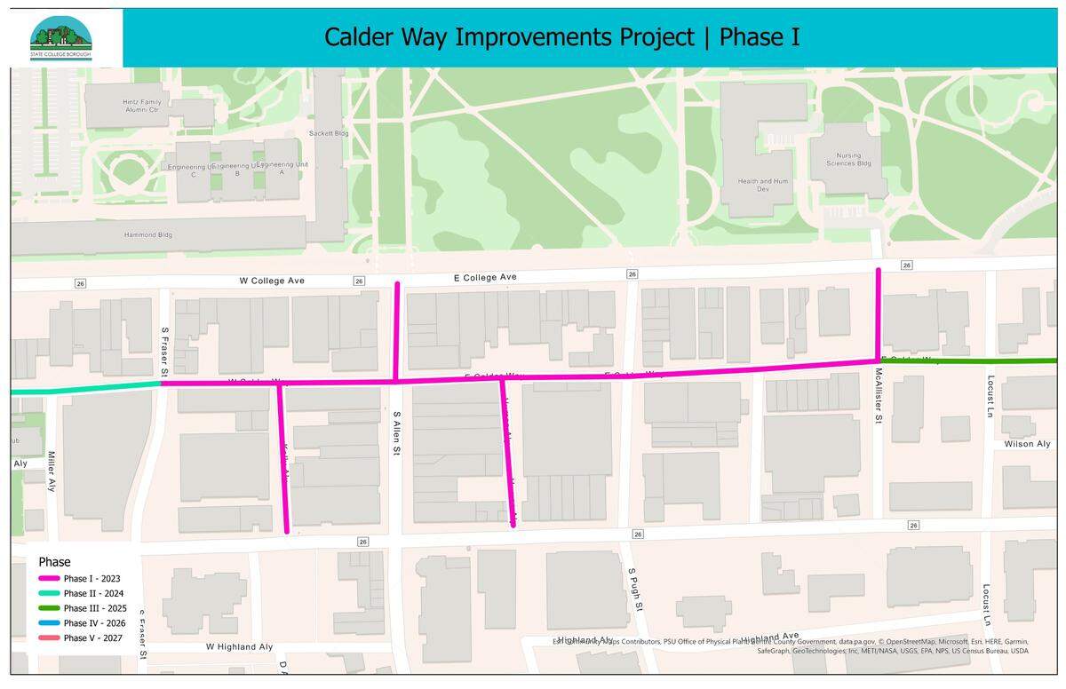 Phase 1 of the Calder Way Project focuses on Calder Way, from McAllister Street to South Fraser Street, and also includes parts of several alleys and side streets.