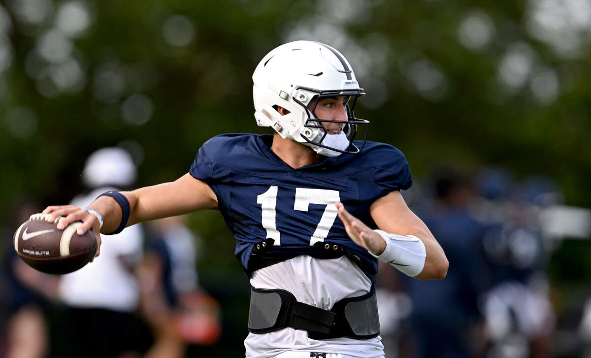 Penn State quarterback Ethan Grunkemeyer makes a pass during practice on Saturday, Aug. 2, 2025.