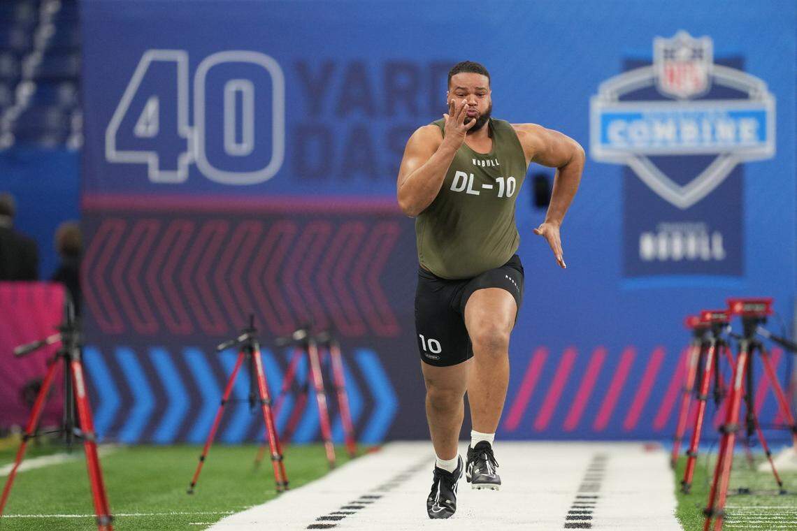 Former Penn State defensive tackle PJ Mustipher participates in the NFL combine Thursday at Lucas Oil Stadium.